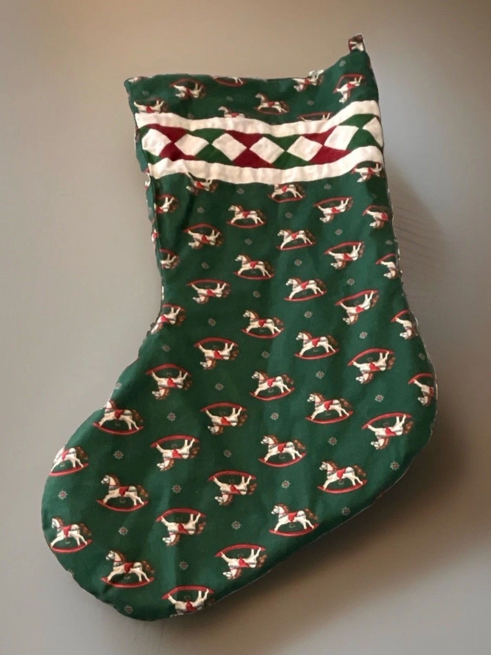 Unique Vintage Green Rocking Horse Holiday Stocking with Red and Cream Trim